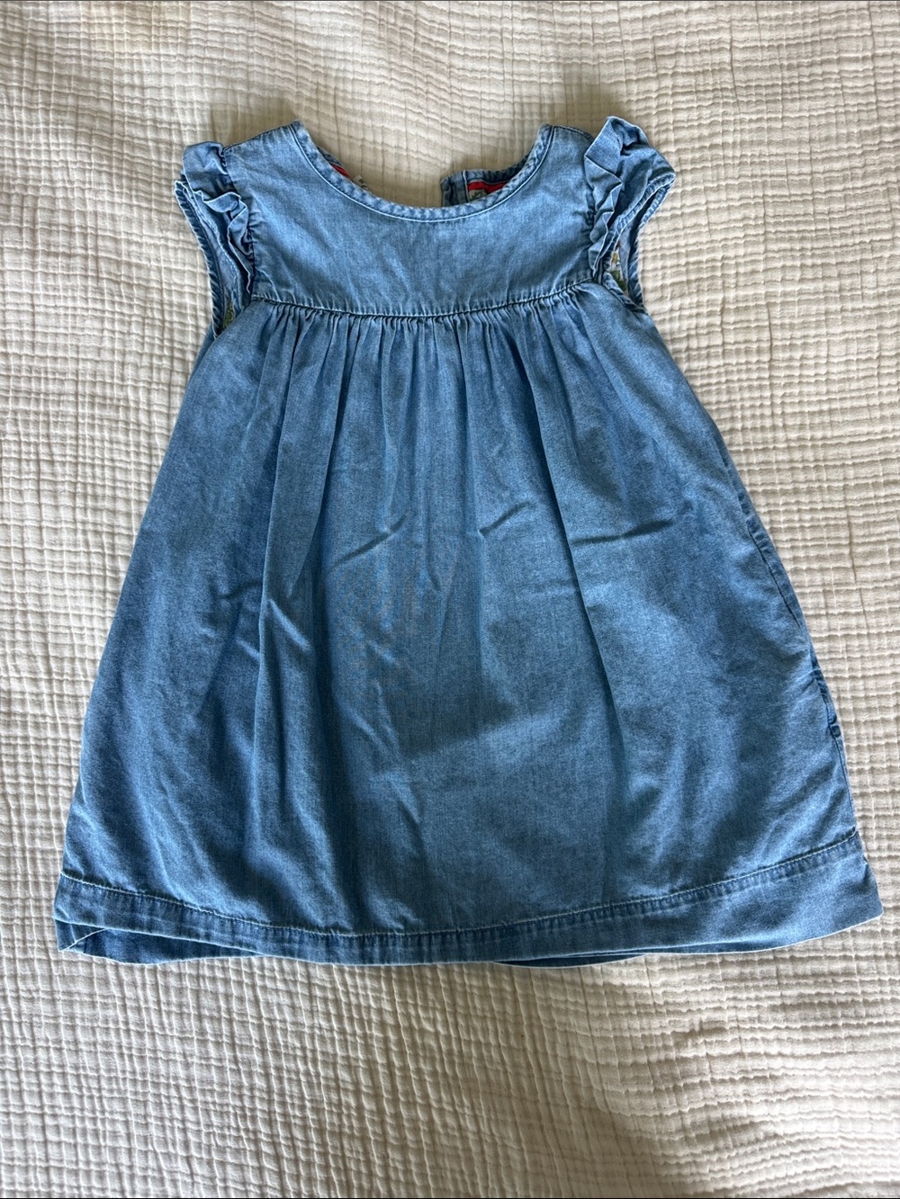Mini Boden Girls' Reversible Denim Sundress with Ruffle Cap Sleeves - Light Blue